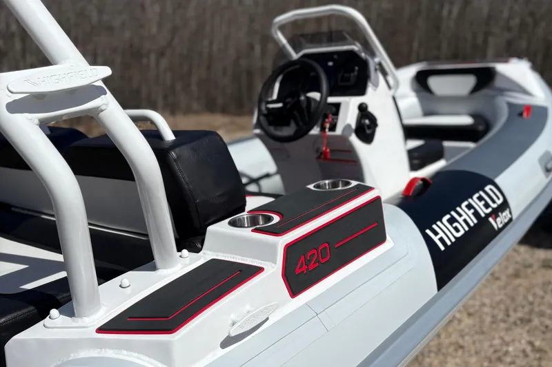 Slide: The Image of Highfield Velox 420 boat 2025, modern design, close-up of cockpit. - 9