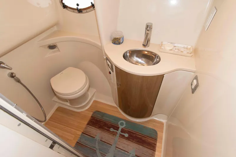Slide: The Image of 2011 Formula 37 Performance Cruiser bathroom with toilet, sink, and nautical-themed mat. - 21