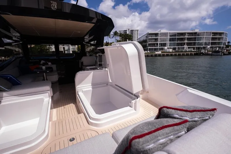 Slide: The Image of Luxurious Santasevera 42 yacht interior with open storage, modern design, and waterfront view, 2026 model. - 12