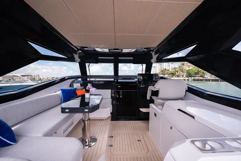 Slide: The Image of Luxurious interior of 2026 Santasevera 42 yacht with modern seating and panoramic windows. - 8