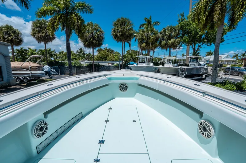 Slide: The Image of Andros 32 Offshore 2020 boat with palm trees in the background. - 22
