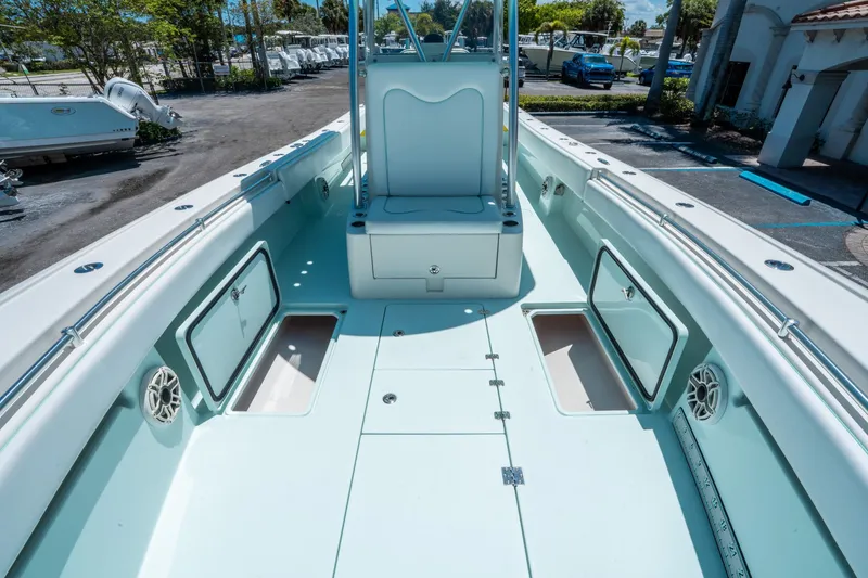Slide: The Image of Interior view of a 2020 Andros 32 Offshore boat with storage compartments. - 23