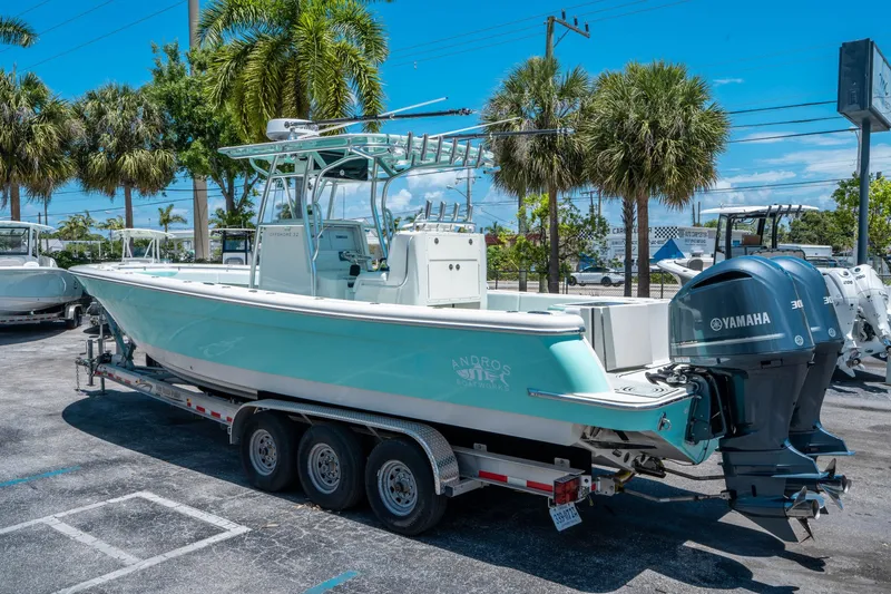 Slide: The Image of 2020 Andros 32 Offshore boat with Yamaha engines on trailer. - 4