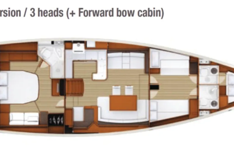 Slide: The Image of Floor plan of 2018 Jeanneau 58 yacht, featuring three cabins and three heads. - 50