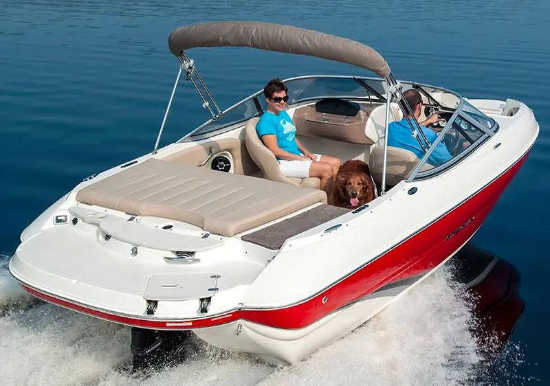 Slide: The Image of Manufacturer Provided Image: 2015 Stingray 208 LR boat cruising with passengers and a dog on a calm lake. - 4