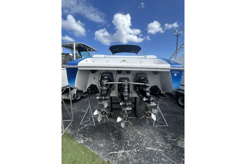 Slide: The Image of Rear view of a 2006 Donzi 43 ZR boat with dual propellers. - 23
