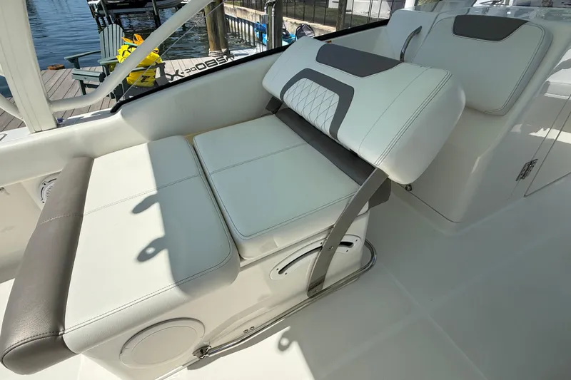Slide: The Image of Luxurious seating on 2021 World Cat 280 DC-X boat, featuring modern design and comfort. - 11
