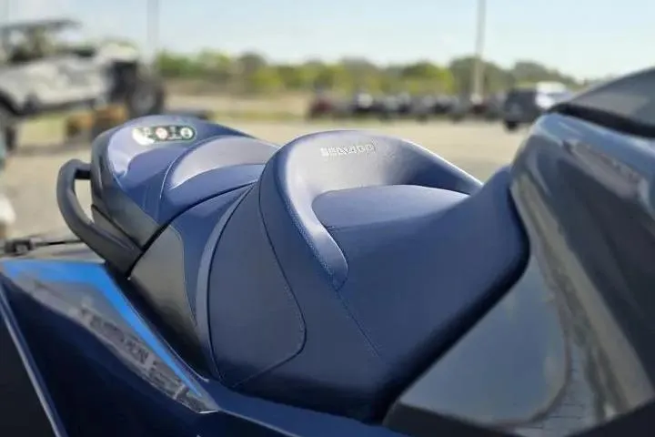 Slide: The Image of 2026 Sea-Doo GTX 170 jet ski seat, close-up view, blue upholstery. - 9