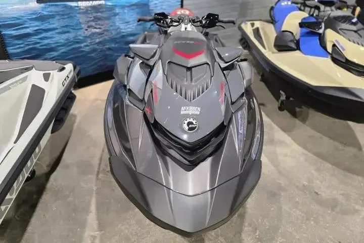 Slide: The Image of 2026 Sea-Doo GTR-X 300 jet ski in showroom, featuring sleek design and advanced features. - 17