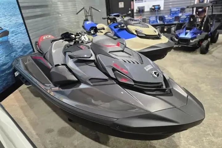 Slide: The Image of 2026 Sea-Doo GTR-X 300 jet ski displayed in showroom, sleek design, gray color. - 9