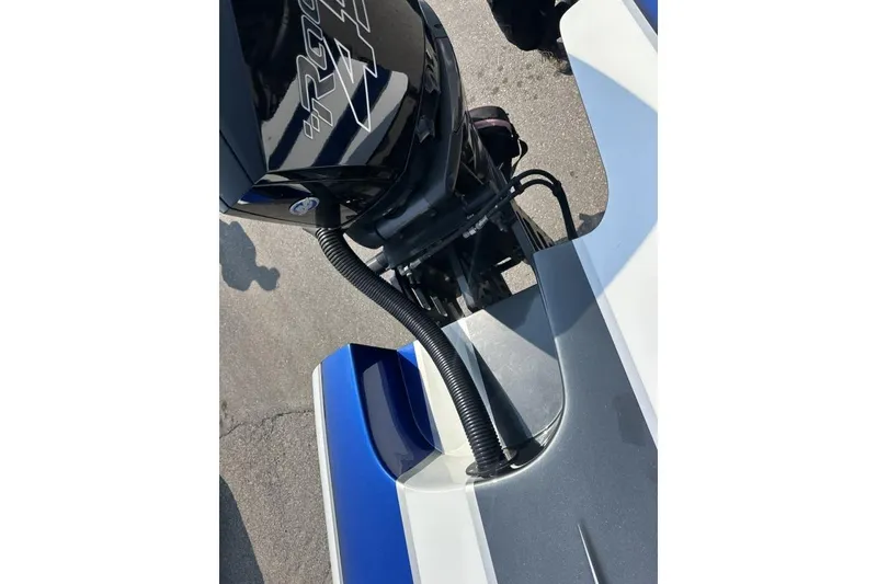 Slide: The Image of 2018 Wright Performance 420 boat engine detail with sleek design and blue accents. - 29