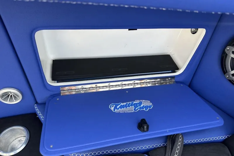 Slide: The Image of Blue interior compartment of 2018 Wright Performance 420 boat with custom upholstery. - 34