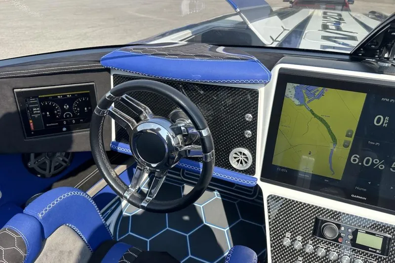 Slide: The Image of Cockpit of 2018 Wright Performance 420 boat with advanced navigation and control systems. - 61