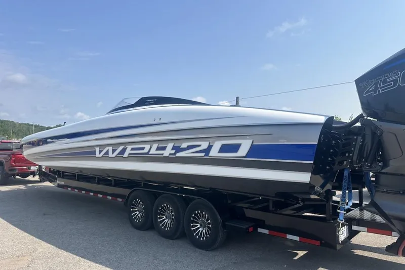 Slide: The Image of 2018 Wright Performance 420 boat on trailer, featuring sleek design and powerful engine. - 67