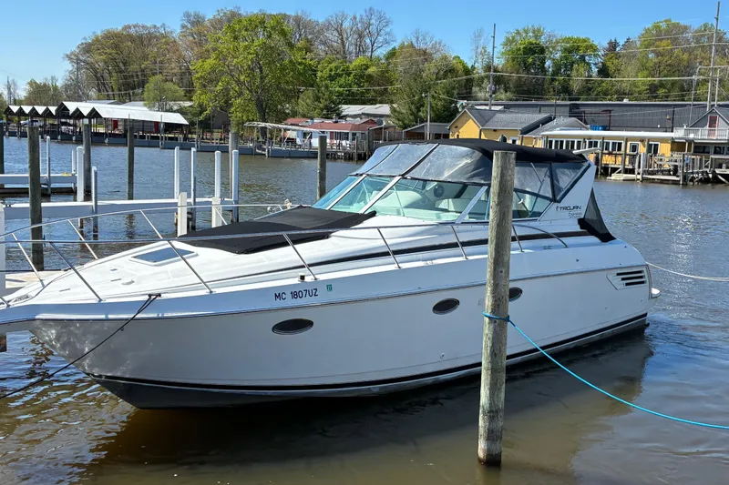 The Image of 1999 Trojan 360 Express boat docked at a marina, surrounded by calm water and trees. - 0
