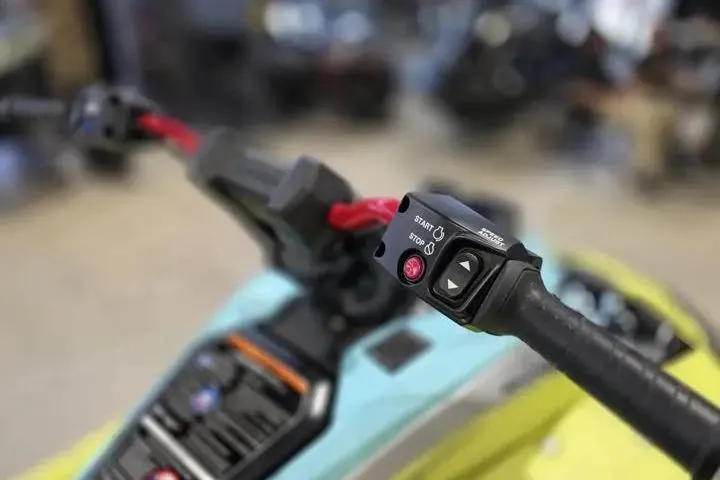 Slide: The Image of Close-up of 2026 Yamaha WaveRunner JetBlaster PRO 3-Up handlebar controls. - 14