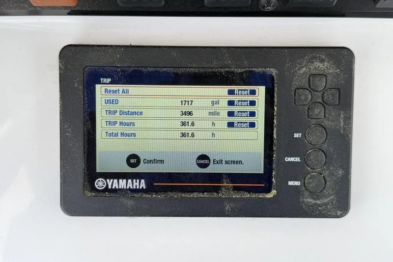 Slide: The Image of Yamaha display on 2018 Sea Hunt Ultra 255 SE showing trip data and settings. - 21