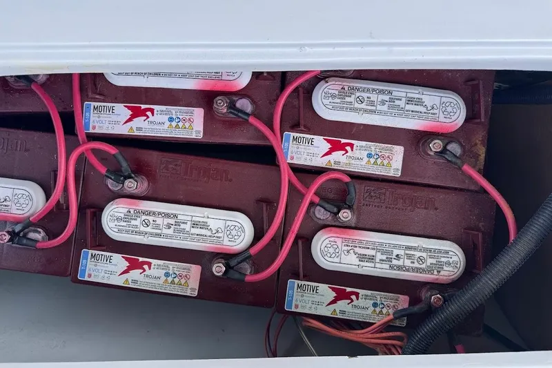 The Image of Battery compartment of a 2001 Duffy Classic 21 boat with Trojan 6-volt batteries. - 1