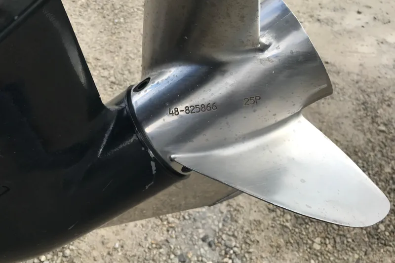 Slide: The Image of Close-up of a 2001 Ranger 518DVX Comanche boat propeller with serial number 48-825866. - 13