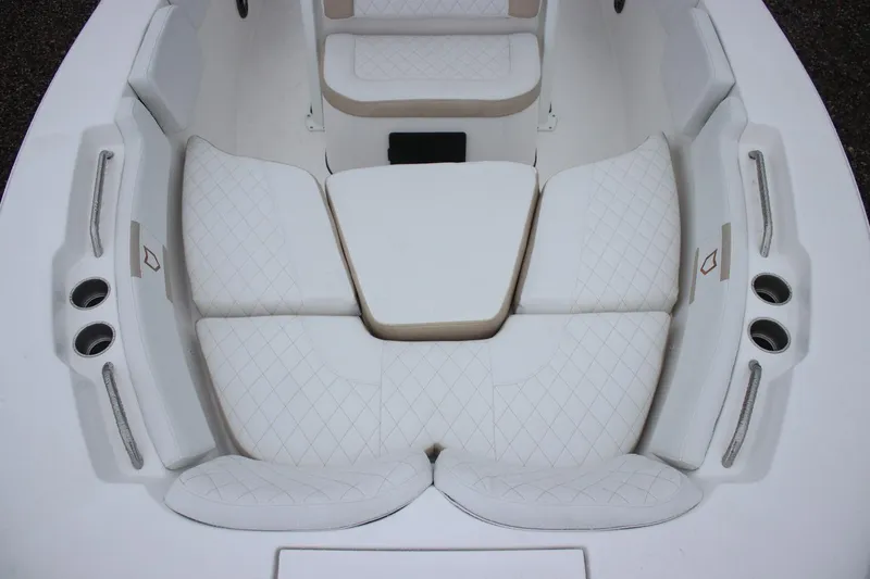 Slide: The Image of Luxurious seating area on 2026 Sea Fox 228 Commander boat, featuring white quilted upholstery. - 12