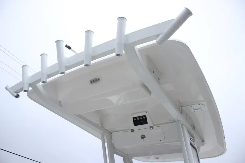 Slide: The Image of T-top view of 2026 Sea Fox 228 Commander boat with rod holders. - 9