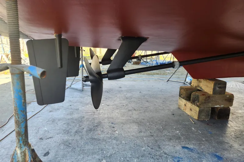 Slide: The Image of Underwater view of 1988 Overseas Monk 42 boat propeller and rudder system. - 110