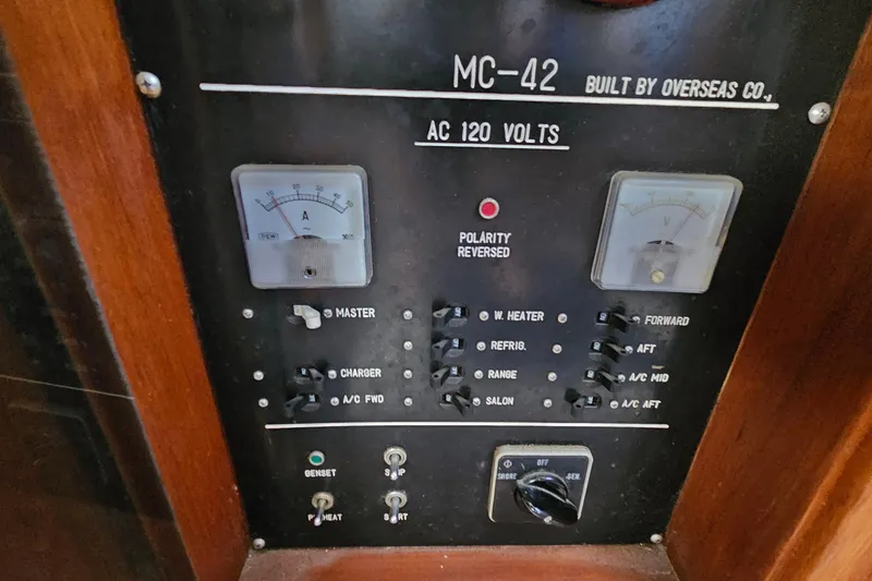 Slide: The Image of Control panel of 1988 Overseas Monk 42 boat, featuring gauges and switches for AC power management. - 51