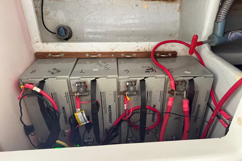 Slide: The Image of Battery compartment of a 2017 Edgewater 368CC boat with Mastervolt AGM batteries. - 13
