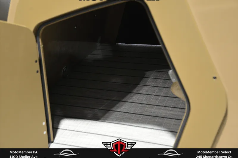Slide: The Image of Interior view of 2025 SunCatcher Fusion 324SS boat, showcasing sleek flooring design. - 21
