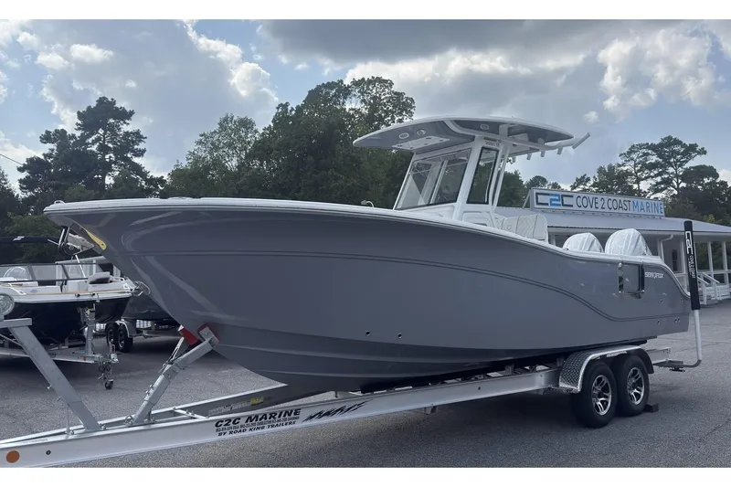 Slide: The Image of 2026 Sea Fox 268 Commander boat on trailer at Cove 2 Coast Marine dealership. - 3