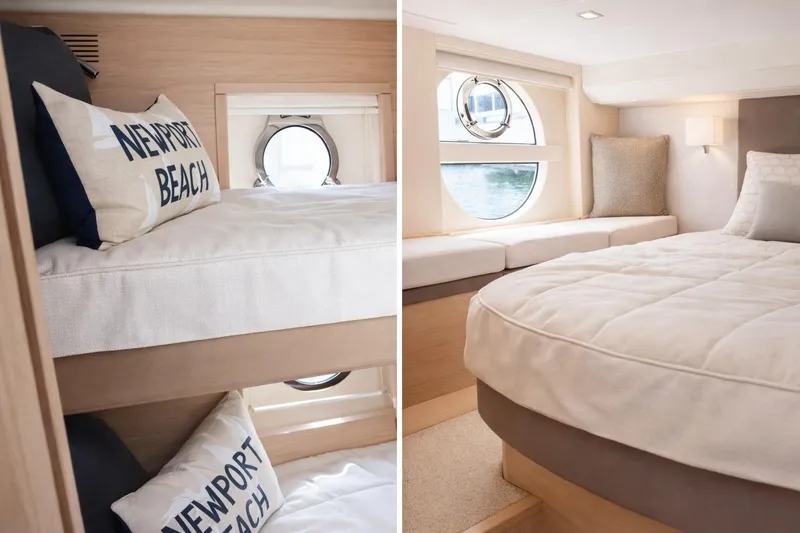 Slide: The Image of Luxurious interior of 2016 Beneteau Monte Carlo 5 yacht with cozy bedding and round windows. - 35