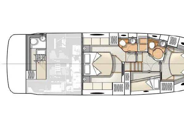 Slide: The Image of Floor plan of a 2016 Beneteau Monte Carlo 5 yacht, showcasing cabin layout and amenities. - 47