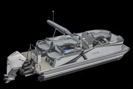 The Image of 2027 Avalon LSZ Quad Lounge Shift 23 pontoon boat with trailer, sleek design, black background. - 0