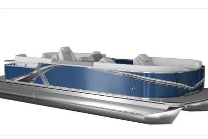 The Image of 2027 Avalon LSZ Quad Lounge Shift 23 pontoon boat with trailer, featuring sleek blue design. - 2