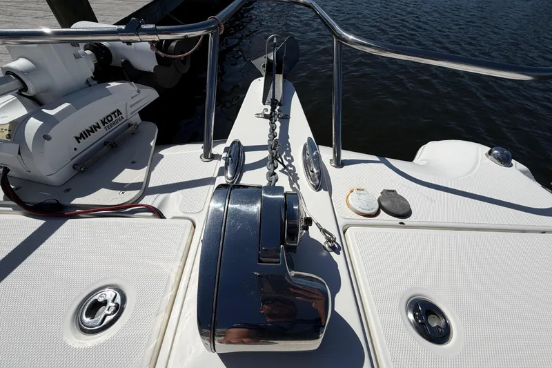 Slide: The Image of Bow of 2017 World Cat 255 DC with Minn Kota motor and anchor chain. - 11
