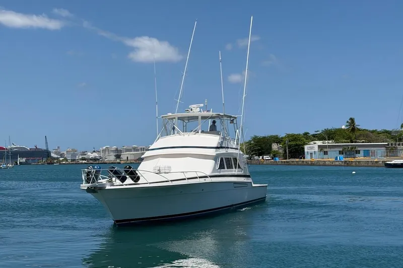 Slide: The Image of 1995 Bertram 60 Convertible yacht cruising in a sunny harbor. - 10