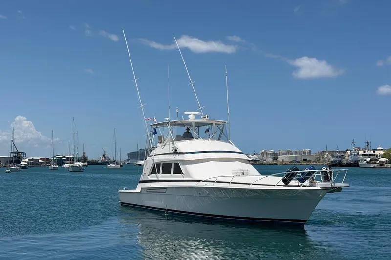 Slide: The Image of 1995 Bertram 60 Convertible yacht cruising in a sunny harbor. - 13