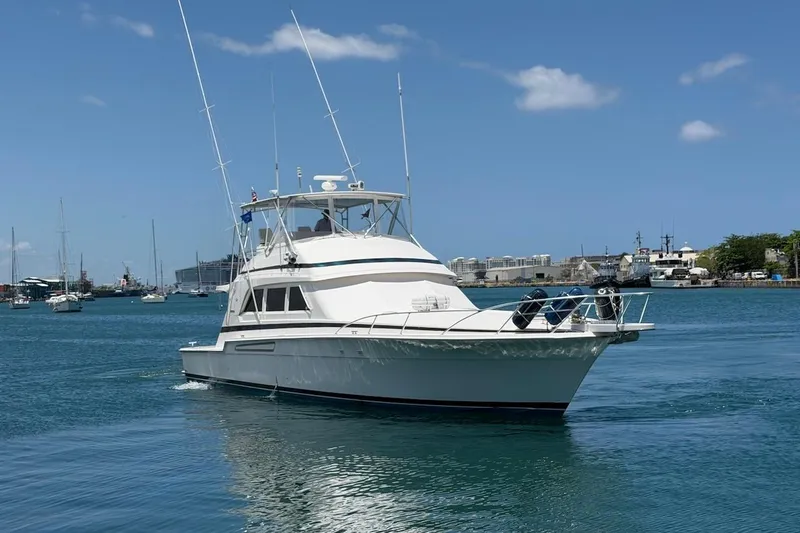 Slide: The Image of 1995 Bertram 60 Convertible yacht cruising in a sunny harbor. - 14