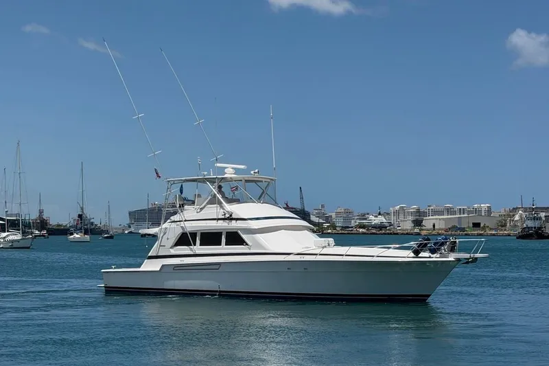 Slide: The Image of 1995 Bertram 60 Convertible yacht cruising in a sunny harbor with city skyline backdrop. - 15