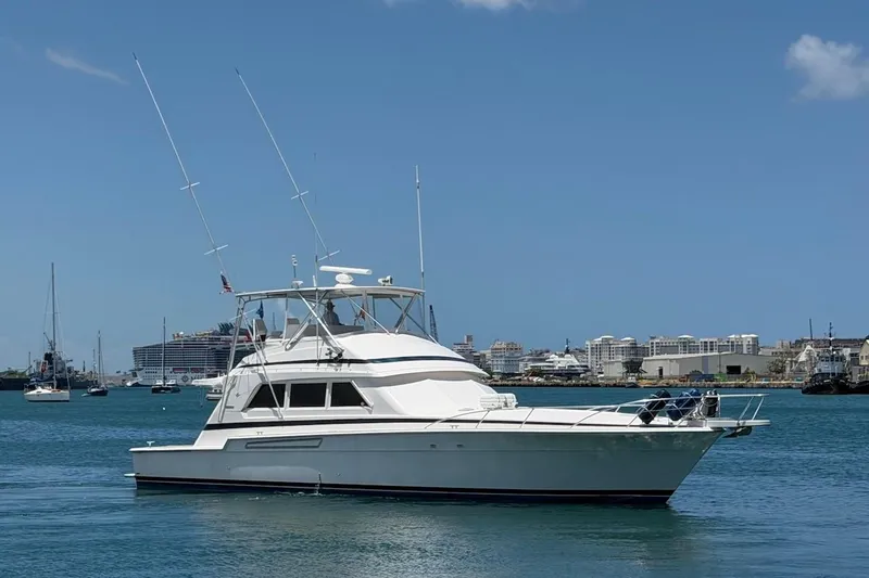 Slide: The Image of 1995 Bertram 60 Convertible yacht cruising in a harbor with city skyline backdrop. - 16