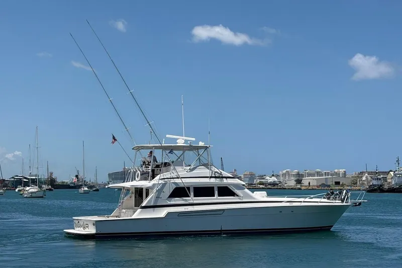 Slide: The Image of 1995 Bertram 60 Convertible yacht cruising in a sunny harbor with clear blue skies. - 8