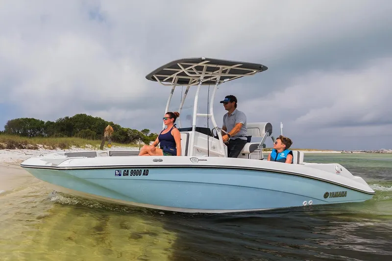 Slide: The Image of Yamaha 190 FSH Sport 2018 boat on beach with passengers. - 3