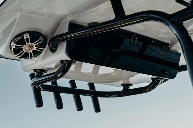 Slide: The Image of Underneath view of 2026 Key West 239 FSR boat with rod holders and speaker. - 40