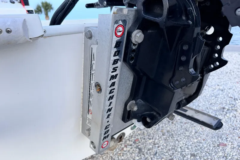 Slide: The Image of Close-up of a 2019 Mitzi Skiffs 17 boat motor mount by Bob's Machine. - 28