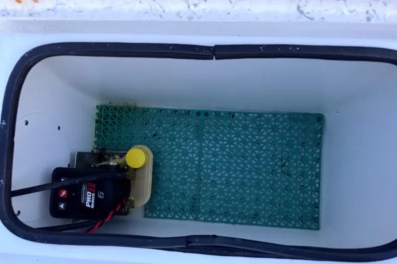 Slide: The Image of Storage compartment in a 2019 Mitzi Skiffs 17 boat, featuring a green mat and equipment. - 59
