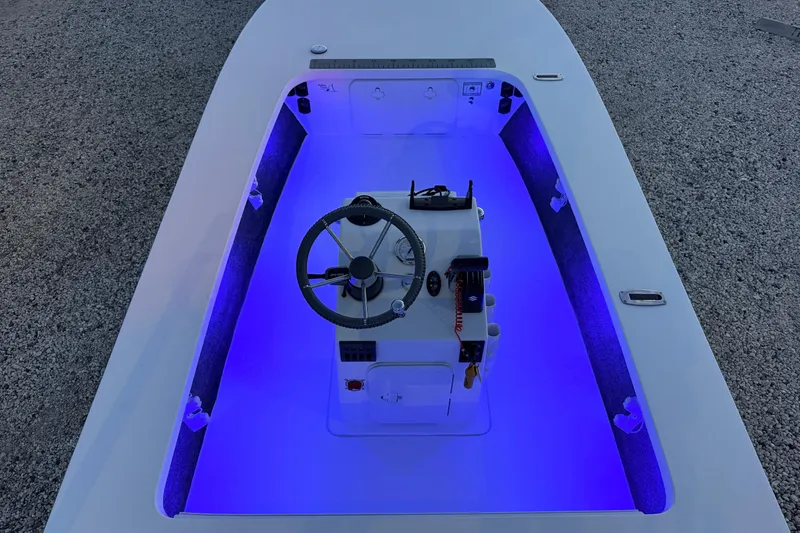 Slide: The Image of 2019 Mitzi Skiffs 17 boat interior with blue LED lighting and steering console. - 74