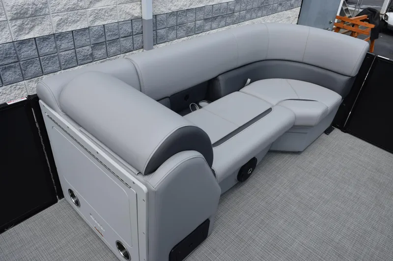 Slide: The Image of 2026 Bentley Pontoons Legacy 243 Swingback interior with luxurious gray seating. - 11