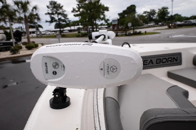 Slide: The Image of 2022 Sea Born LX24 Center Console with Minn Kota Riptide motor, wet from rain. - 16
