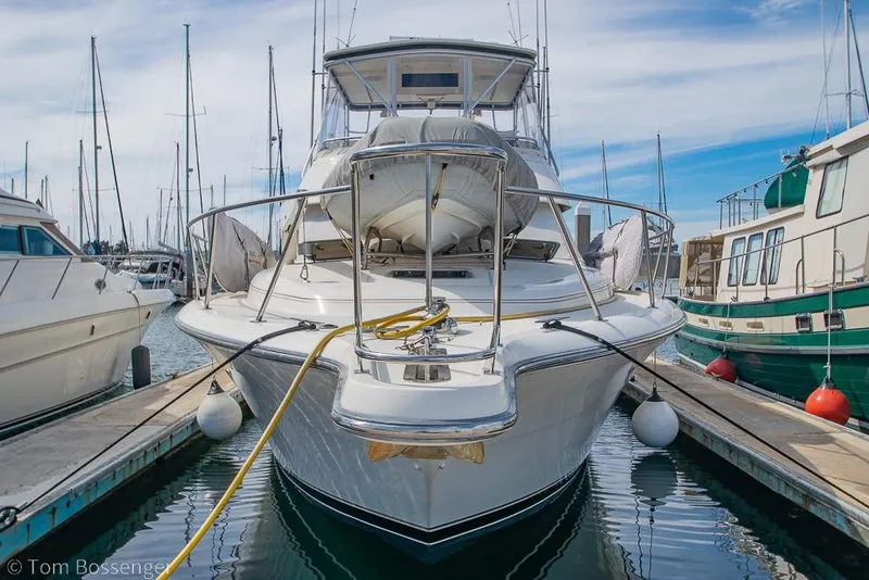 Slide: The Image of 1993 Tiara Yachts 4300 Convertible docked at marina, front view with clear sky. - 3