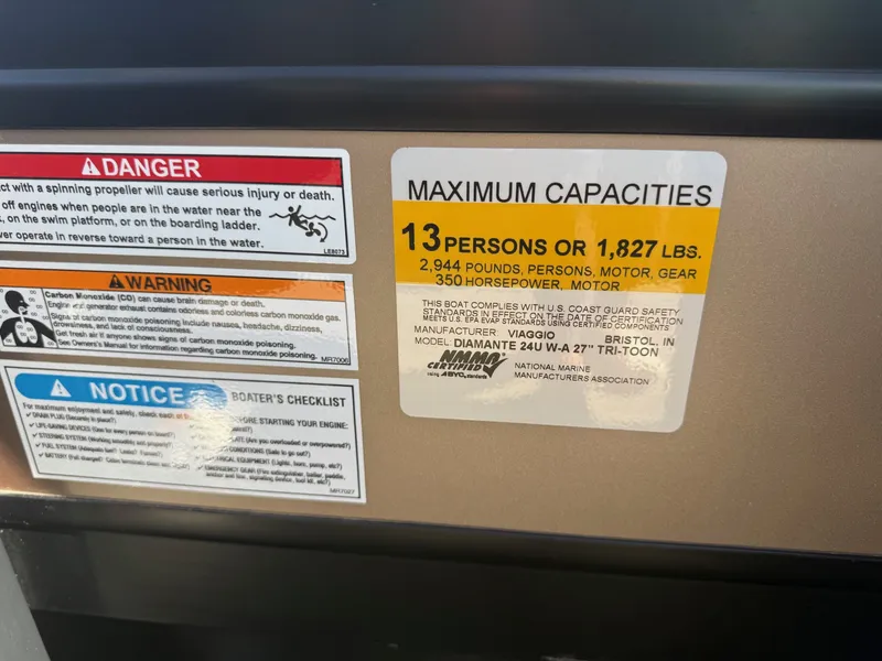 Slide: The Image of Safety and capacity labels on Viaggio Diamante 2024 boat. - 21